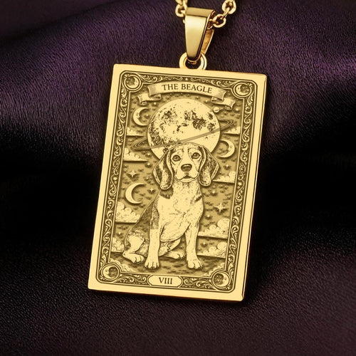 An heirloom-quality 14K solid gold Beagle tarot pendant. The art shows the dog under the moon, symbolizing curiosity, a precious dog mom gift.