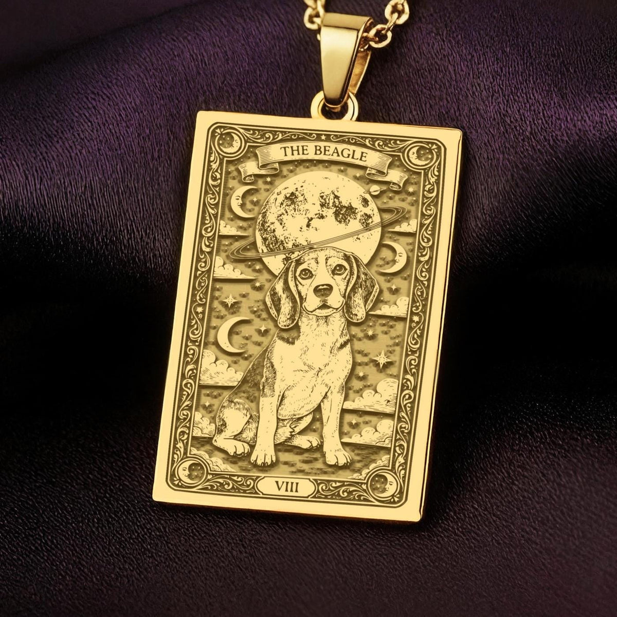 An heirloom-quality 14K solid gold Beagle tarot pendant. The art shows the dog under the moon, symbolizing curiosity, a precious dog mom gift.