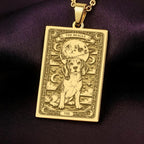 An heirloom-quality 14K solid gold Beagle tarot pendant. The art shows the dog under the moon, symbolizing curiosity, a precious dog mom gift.