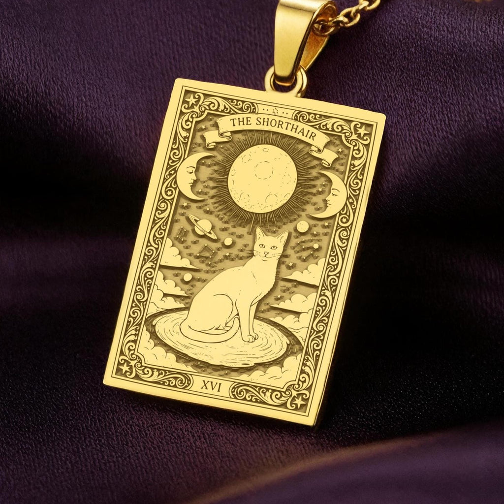 Cat Paw Print Tarot Charm Necklace Pendants 14K 14K Gold Plated pendant necklace featuring a vintage seated cat under a crescent moon design.