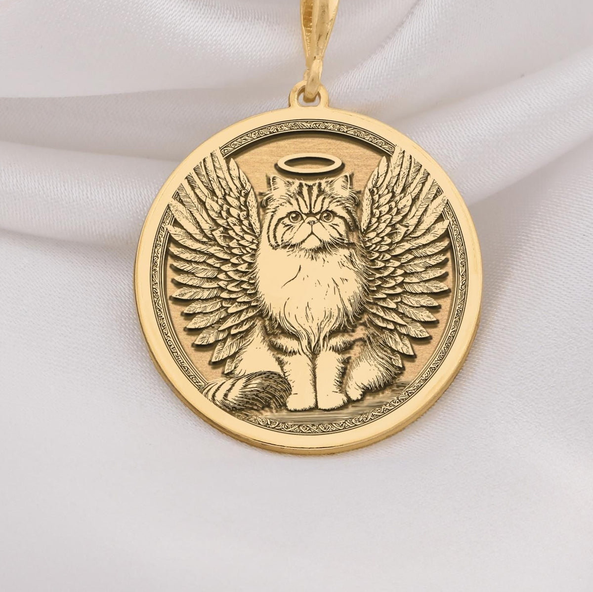 14K Solid Gold Persian Cat Angel Medallion featuring beloved long-haired breed with heavenly wings and halo. Detailed memorial talisman with fluffy coat, flat face and ornate decorative border. Luxury Persian cat memorial jewelry gift.