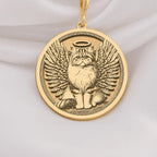 14K Solid Gold Persian Cat Angel Medallion featuring beloved long-haired breed with heavenly wings and halo. Detailed memorial talisman with fluffy coat, flat face and ornate decorative border. Luxury Persian cat memorial jewelry gift.