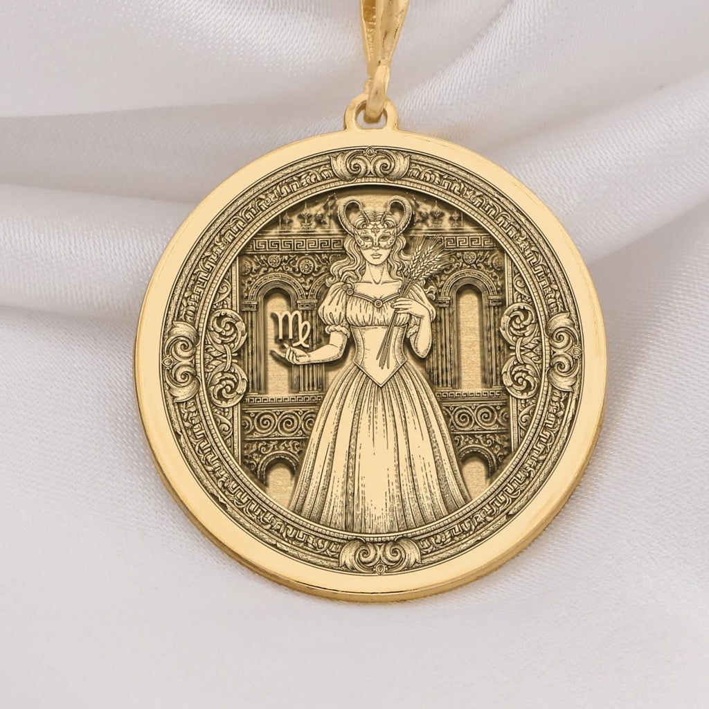 Virgo Woman Medallion featuring elegant maiden with wheat sheaf and Virgo constellation symbols surrounded by ornate celestial elements. Detailed astrology talisman with Virgo symbolism. Luxury Virgo jewelry representing perfectionist wisdom.