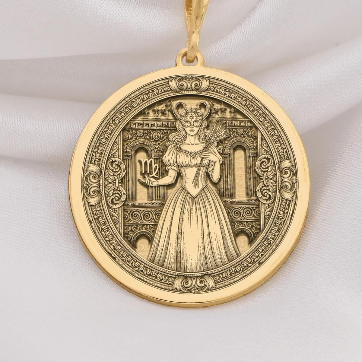 Virgo Woman Medallion featuring elegant maiden with wheat sheaf and Virgo constellation symbols surrounded by ornate celestial elements. Detailed astrology talisman with Virgo symbolism. Luxury Virgo jewelry representing perfectionist wisdom.