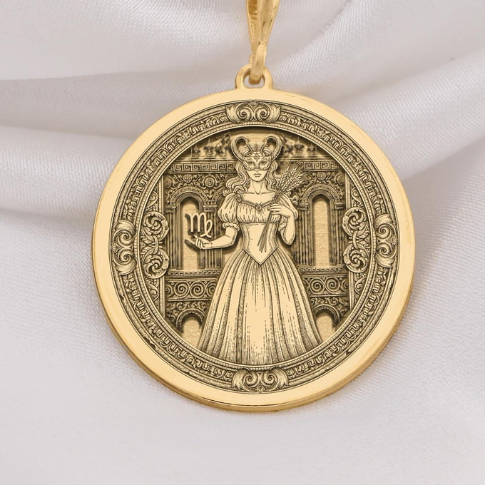 Virgo Woman Medallion featuring elegant maiden with wheat sheaf and Virgo constellation symbols surrounded by ornate celestial elements. Detailed astrology talisman with Virgo symbolism. Luxury Virgo jewelry representing perfectionist wisdom.