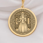 Virgo Woman Medallion featuring elegant maiden with wheat sheaf and Virgo constellation symbols surrounded by ornate celestial elements. Detailed astrology talisman with Virgo symbolism. Luxury Virgo jewelry representing perfectionist wisdom.