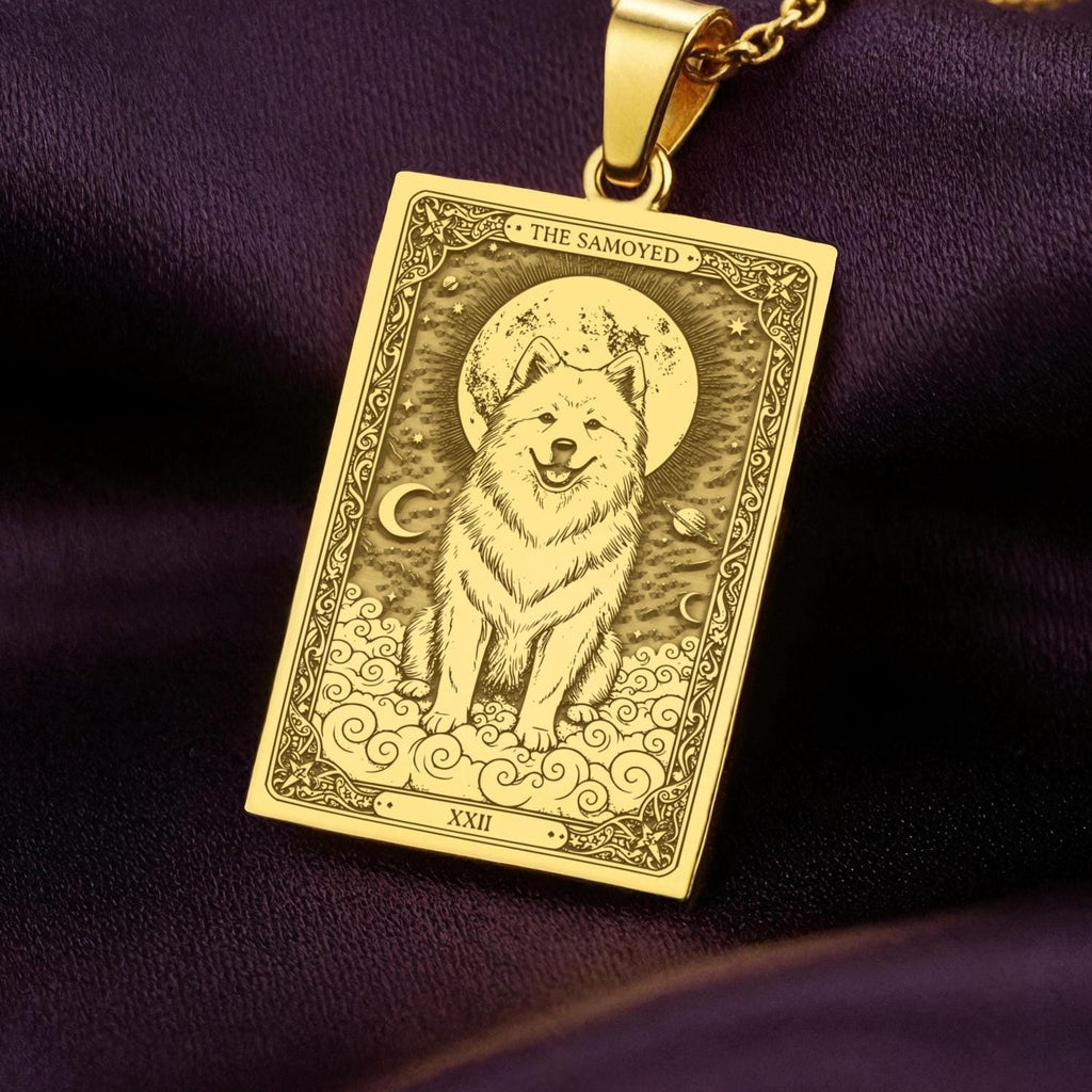 A polished 14K solid gold Samoyed medallion. This fine pet jewelry represents the breed's "smiling" nature, making it a perfect Sammy lover gift.