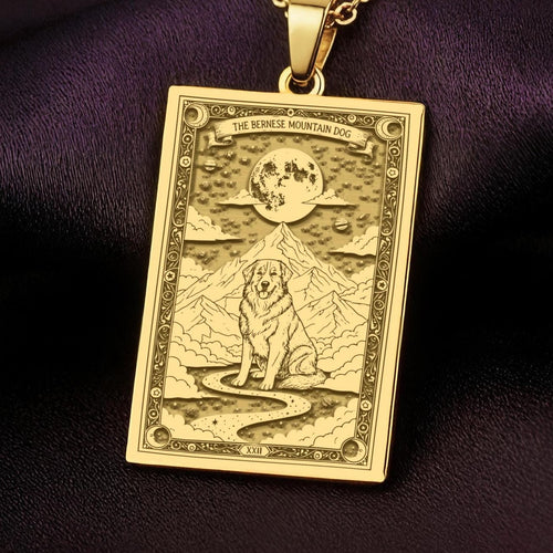 An heirloom-quality 14K solid gold Bernese Mountain Dog tarot pendant. The art shows the majestic dog, symbolizing loyalty, a precious dog mom gift.