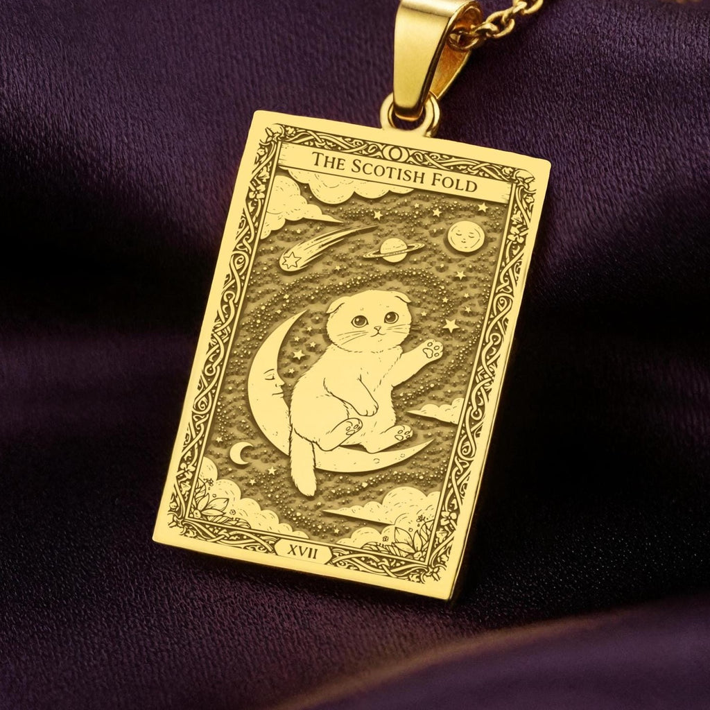 A polished 14K solid gold Scottish Fold medallion. This fine pet jewelry represents the breed's sweet spirit, making it a perfect cat lover gift.
