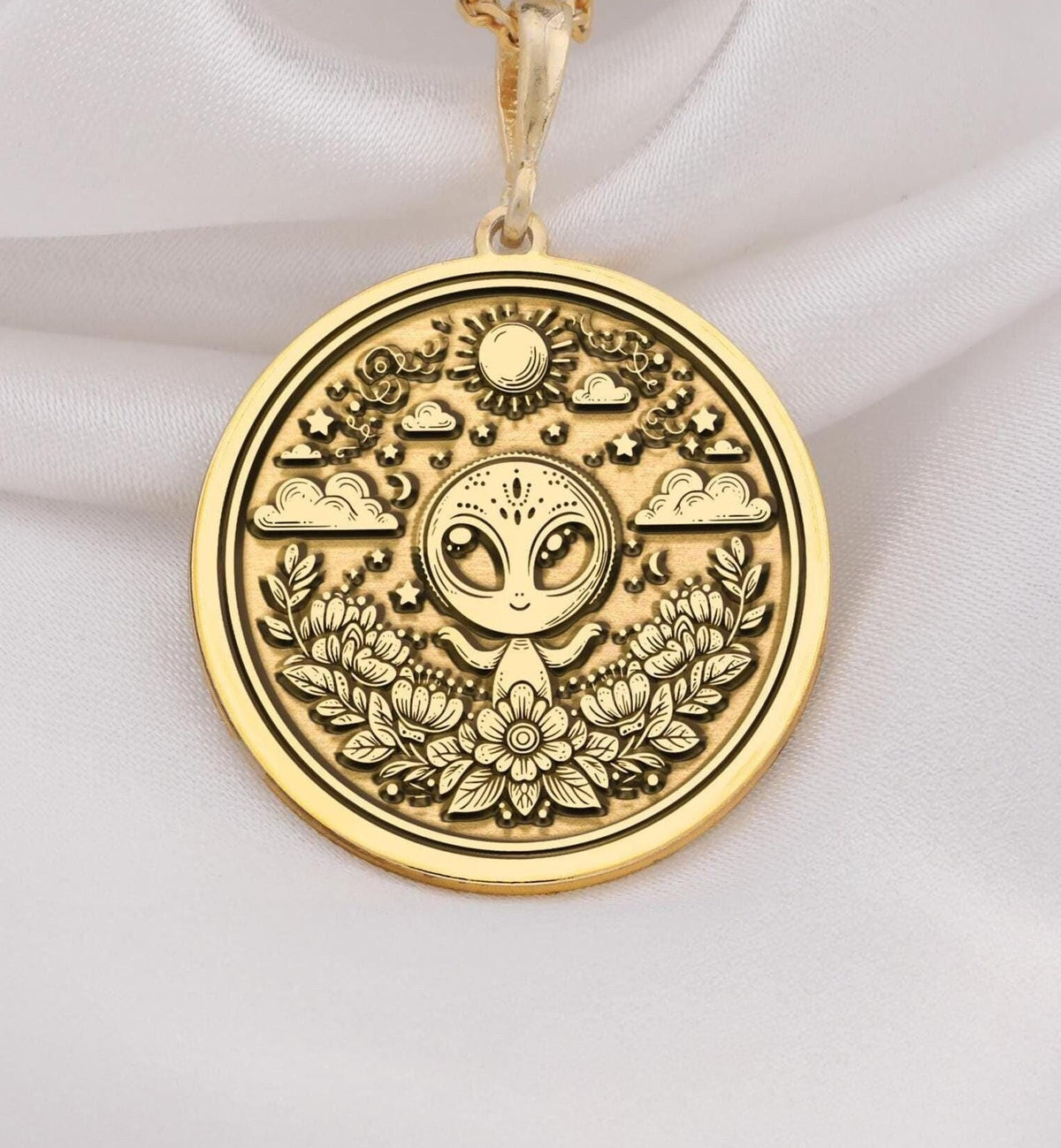 14K Solid Gold Alien Necklace with a detailed alien pendant. Space-themed jewelry for sci-fi lovers and astrology fans. Minimalist and polished, perfect for daily wear or as a unique gift for men or women.