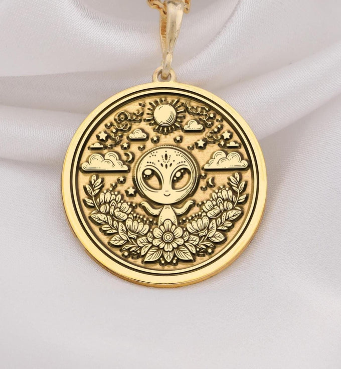 14K Solid Gold Alien Necklace with a detailed alien pendant. Space-themed jewelry for sci-fi lovers and astrology fans. Minimalist and polished, perfect for daily wear or as a unique gift for men or women.