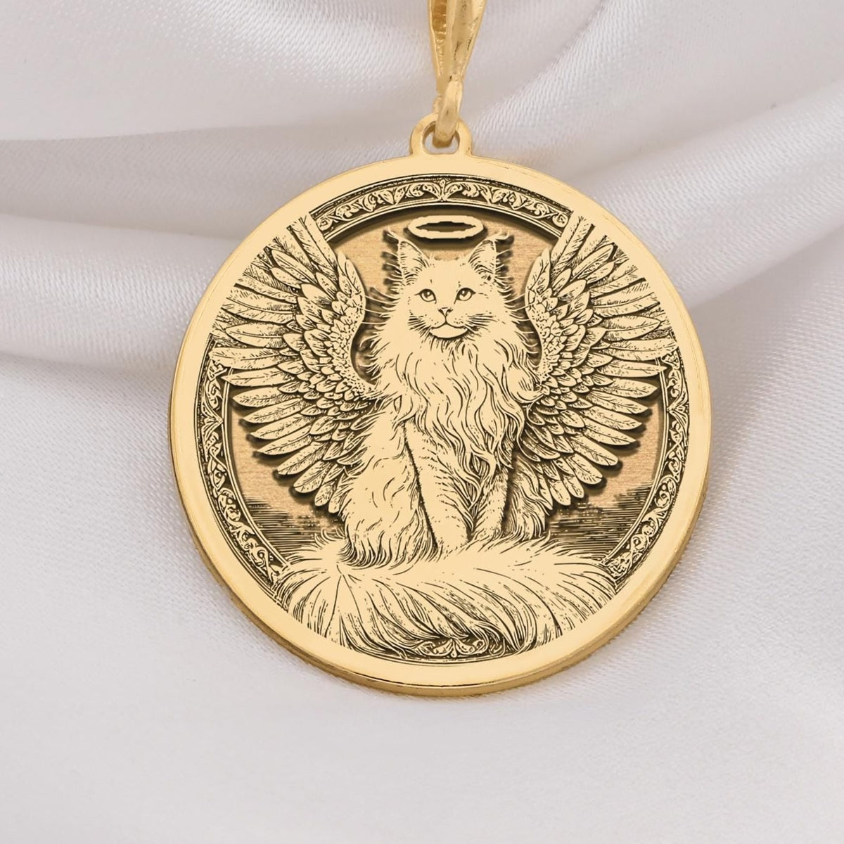 14K Solid Gold Turkish Angora Angel Cat Medallion featuring beloved long-haired breed with heavenly wings and halo. Detailed memorial talisman with silky coat, elegant features and ornate decorative border. Luxury Turkish Angora memorial gift.