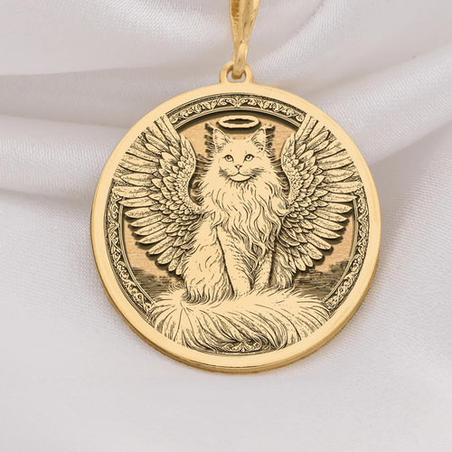14K Solid Gold Turkish Angora Angel Cat Medallion featuring beloved long-haired breed with heavenly wings and halo. Detailed memorial talisman with silky coat, elegant features and ornate decorative border. Luxury Turkish Angora memorial gift.