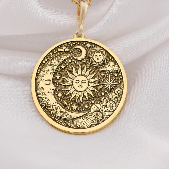 14k gold celestial necklace featuring a handmade sun and moon pendant, personalized astrology jewelry, perfect for gifts, elegant and timeless design.