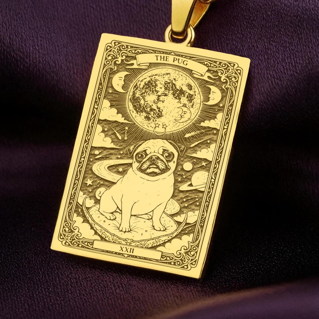 A polished 14K solid gold Pug medallion. This fine pet jewelry represents the breed's charming nature, making it a perfect Pug lover gift.