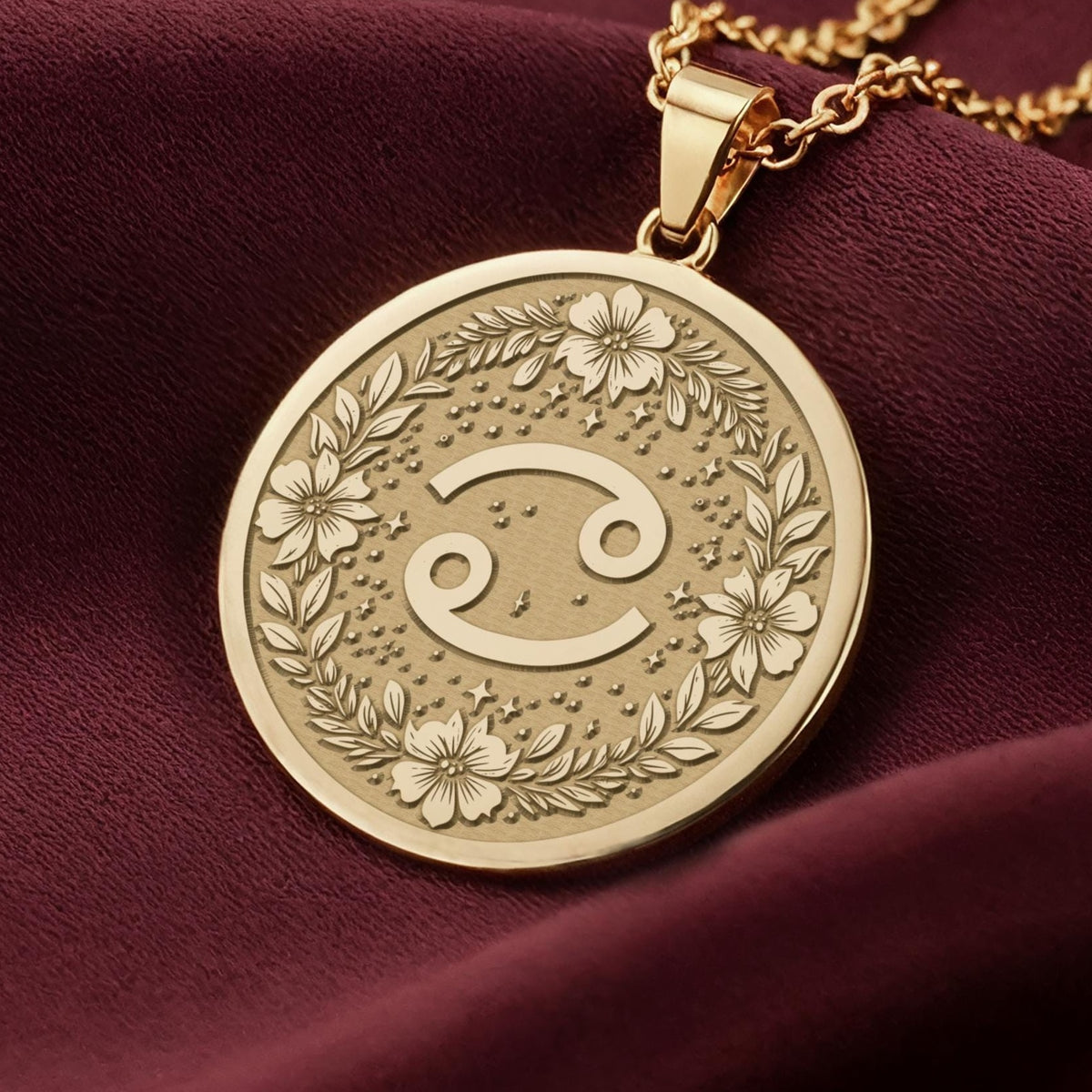 Cancer Crab Astrological Medallion Pendants 14K 14K Gold Plated pendant necklace with ornate floral swirl design on a round disc.
