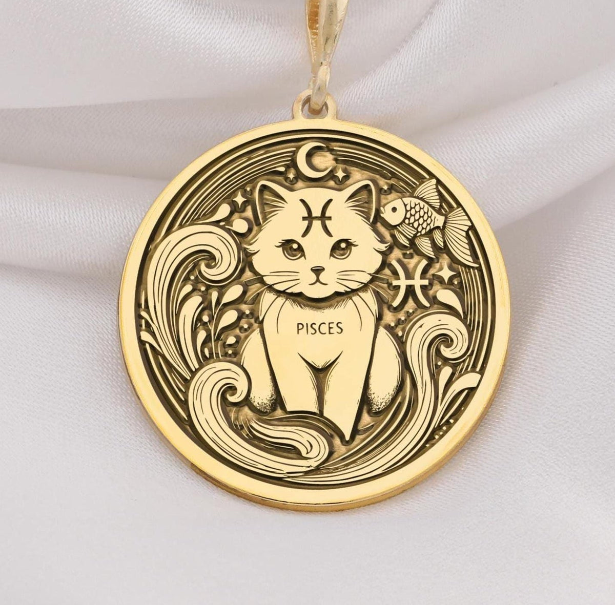 14K solid gold Pisces Zodiac necklace featuring a handcrafted astrology-inspired pendant with a minimalist cat design. Perfect for women, astrology lovers, and personalized horoscope jewelry gifts.