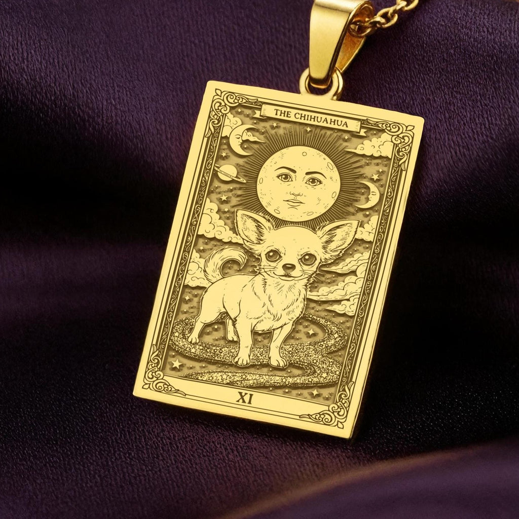An heirloom-quality 14K solid gold Chihuahua tarot pendant. The art shows the tiny dog in a "Sun" card, symbolizing a big personality, a precious dog mom gift.