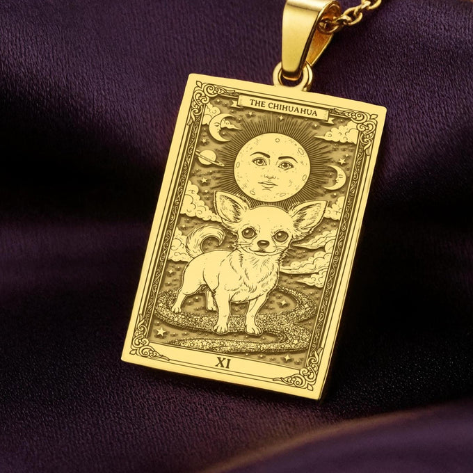 An heirloom-quality 14K solid gold Chihuahua tarot pendant. The art shows the tiny dog in a "Sun" card, symbolizing a big personality, a precious dog mom gift.