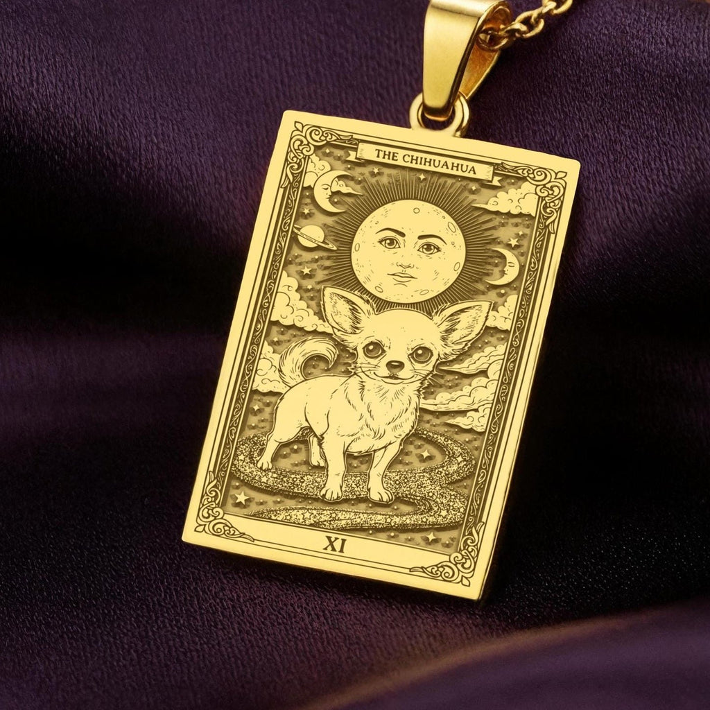 An heirloom-quality 14K solid gold Chihuahua tarot pendant. The art shows the tiny dog in a "Sun" card, symbolizing a big personality, a precious dog mom gift.