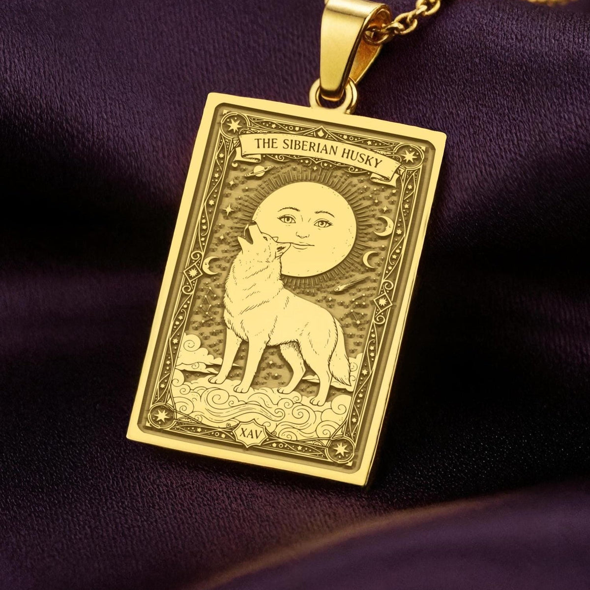 A polished 14K solid gold Siberian Husky medallion. This fine pet jewelry represents the breed's wolf-like nature, making it a perfect Husky lover gift.