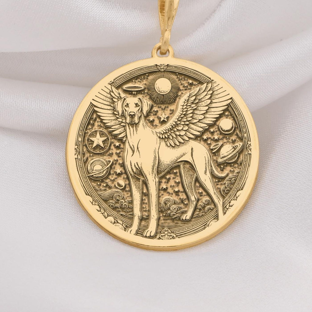 Doberman Angel Medallion Pet Memorial Necklace Necklaces 14K 14K Gold Plated winged dog pendant with stars in a circular frame necklace