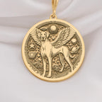 Doberman Angel Medallion Pet Memorial Necklace Necklaces 14K 14K Gold Plated winged dog pendant with stars in a circular frame necklace
