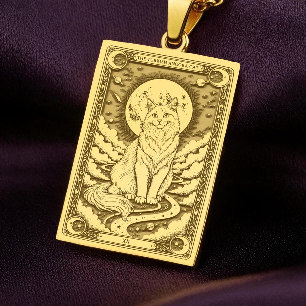 A polished 14K solid gold Turkish Angora medallion. This fine pet jewelry represents the breed's elegant nature, making it a perfect cat lover gift.