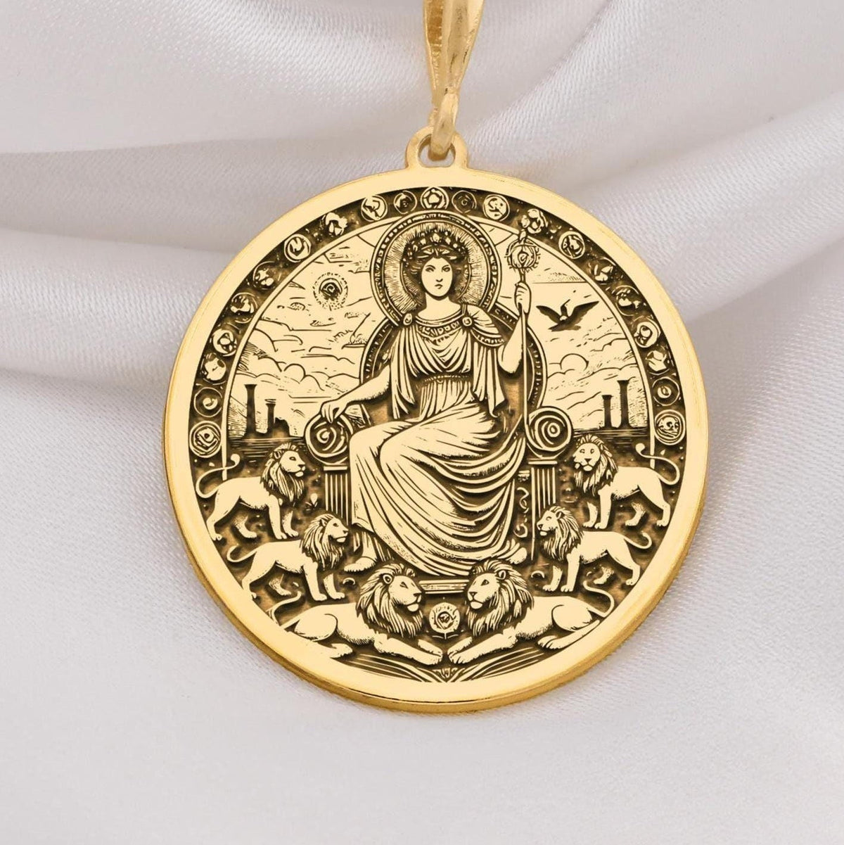 14K Gold Rhea Goddess Necklace inspired by Greek mythology, featuring a celestial motherhood and fertility design. Perfect for mythology lovers and elegant jewelry enthusiasts.