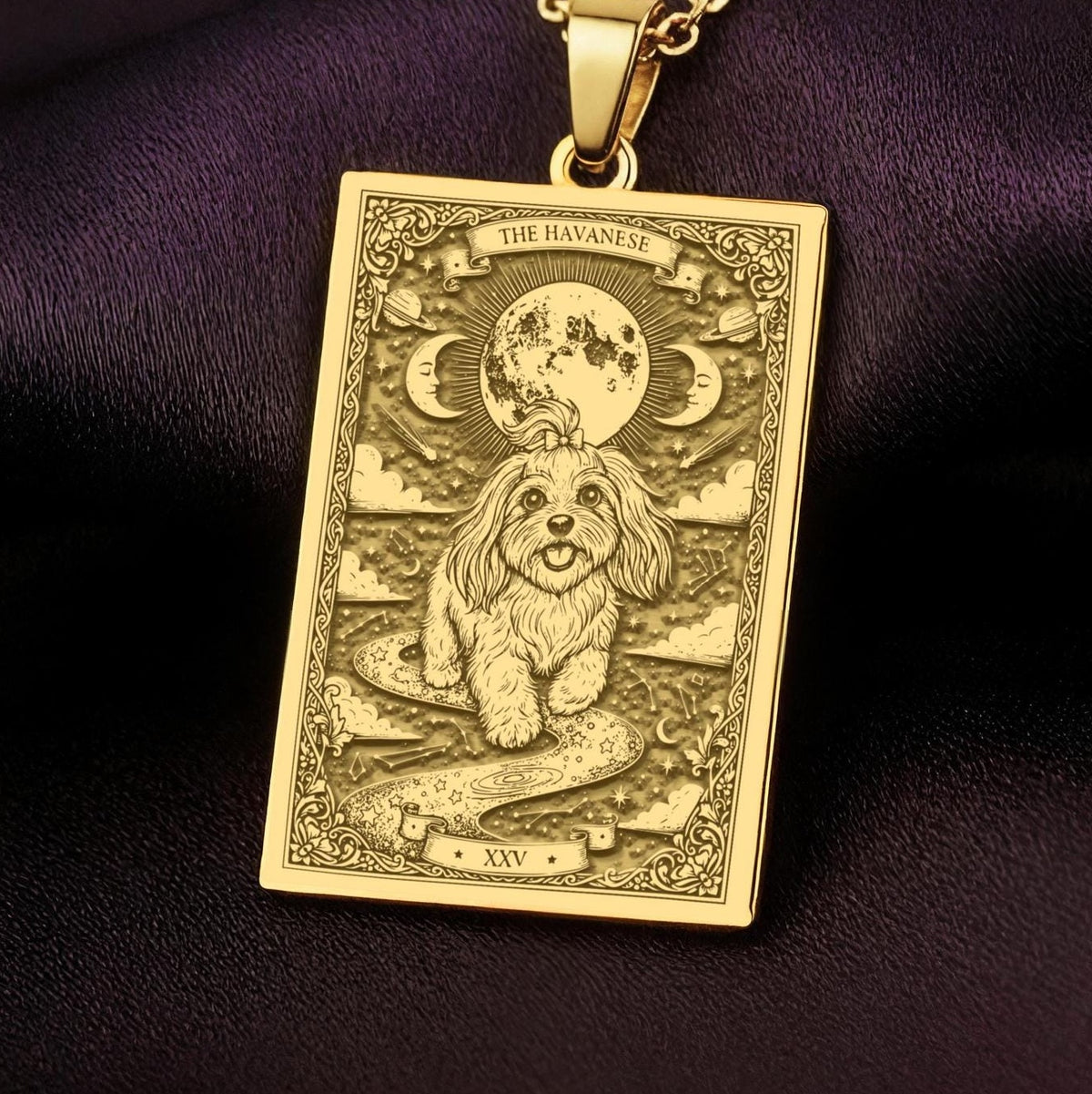 An heirloom-quality 14K solid gold Havanese tarot pendant. The art shows the fluffy dog under the moon, symbolizing a cheerful spirit, a precious dog mom gift.