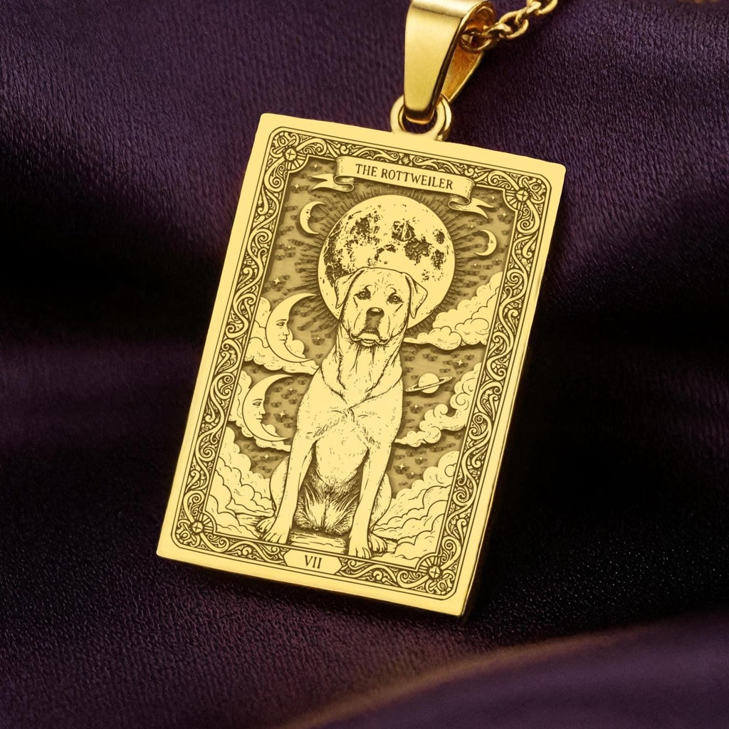 A polished 14K solid gold Rottweiler medallion. This fine pet jewelry represents the breed's noble strength, making it a perfect Rottie lover gift.