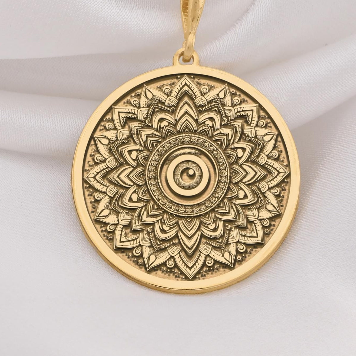 14K Solid Gold Sacred Mandala Evil Eye Medallion featuring intricate lotus petals with protective evil eye center and geometric patterns. Detailed protection talisman with mandala design. Luxury evil eye jewelry symbolizing spiritual protection.