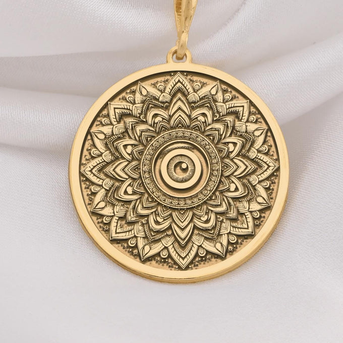 14K Solid Gold Sacred Mandala Evil Eye Medallion featuring intricate lotus petals with protective evil eye center and geometric patterns. Detailed protection talisman with mandala design. Luxury evil eye jewelry symbolizing spiritual protection.