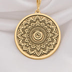 14K Solid Gold Sacred Mandala Evil Eye Medallion featuring intricate lotus petals with protective evil eye center and geometric patterns. Detailed protection talisman with mandala design. Luxury evil eye jewelry symbolizing spiritual protection.