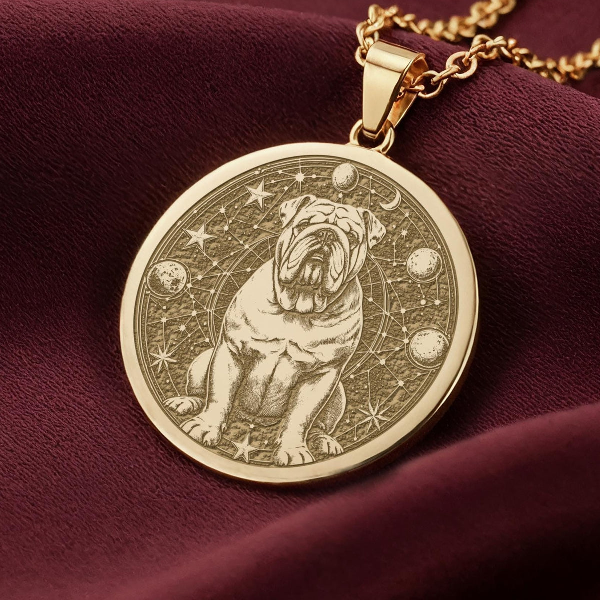 Celestial English Bulldog Medallion Pendants 14K 14K Gold Plated pendant necklace featuring a dog surrounded by stars and celestial circles.