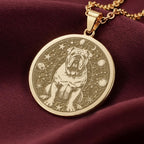 Celestial English Bulldog Medallion Pendants 14K 14K Gold Plated pendant necklace featuring a dog surrounded by stars and celestial circles.