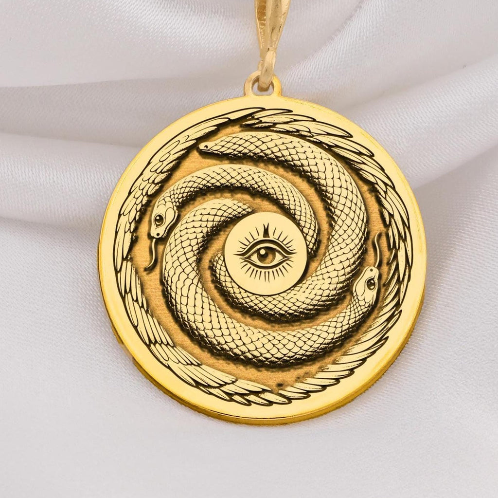 14k Gold Ouroboros Necklace featuring a symbolic snake design representing eternity and rebirth. Perfect for gifting or as a timeless mythological jewelry piece for everyday wear.