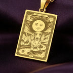 An heirloom-quality 14K solid gold Dachshund tarot pendant. The art shows the dog in a "Sun" card, symbolizing a sunny personality, a precious dog mom gift.