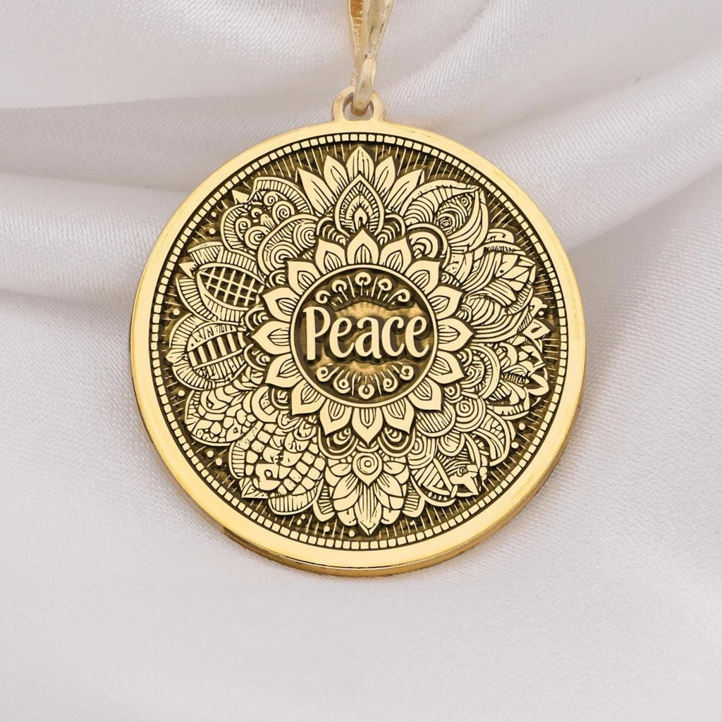 14K Gold Peace Mandala Necklace featuring intricate spiritual design. Perfect for yoga enthusiasts and mindfulness lovers. A meaningful boho-inspired pendant, ideal as a thoughtful gift for birthdays, anniversaries, or special occasions.