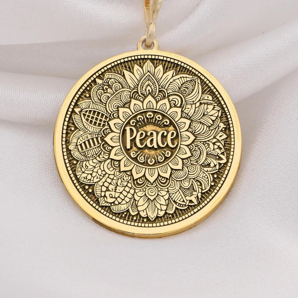 14K Gold Peace Mandala Necklace featuring intricate spiritual design. Perfect for yoga enthusiasts and mindfulness lovers. A meaningful boho-inspired pendant, ideal as a thoughtful gift for birthdays, anniversaries, or special occasions.