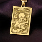 An heirloom-quality 14K solid gold Maltese tarot pendant. The art shows the fluffy dog in a "Sun" card, symbolizing a sunny personality, a precious dog mom gift.
