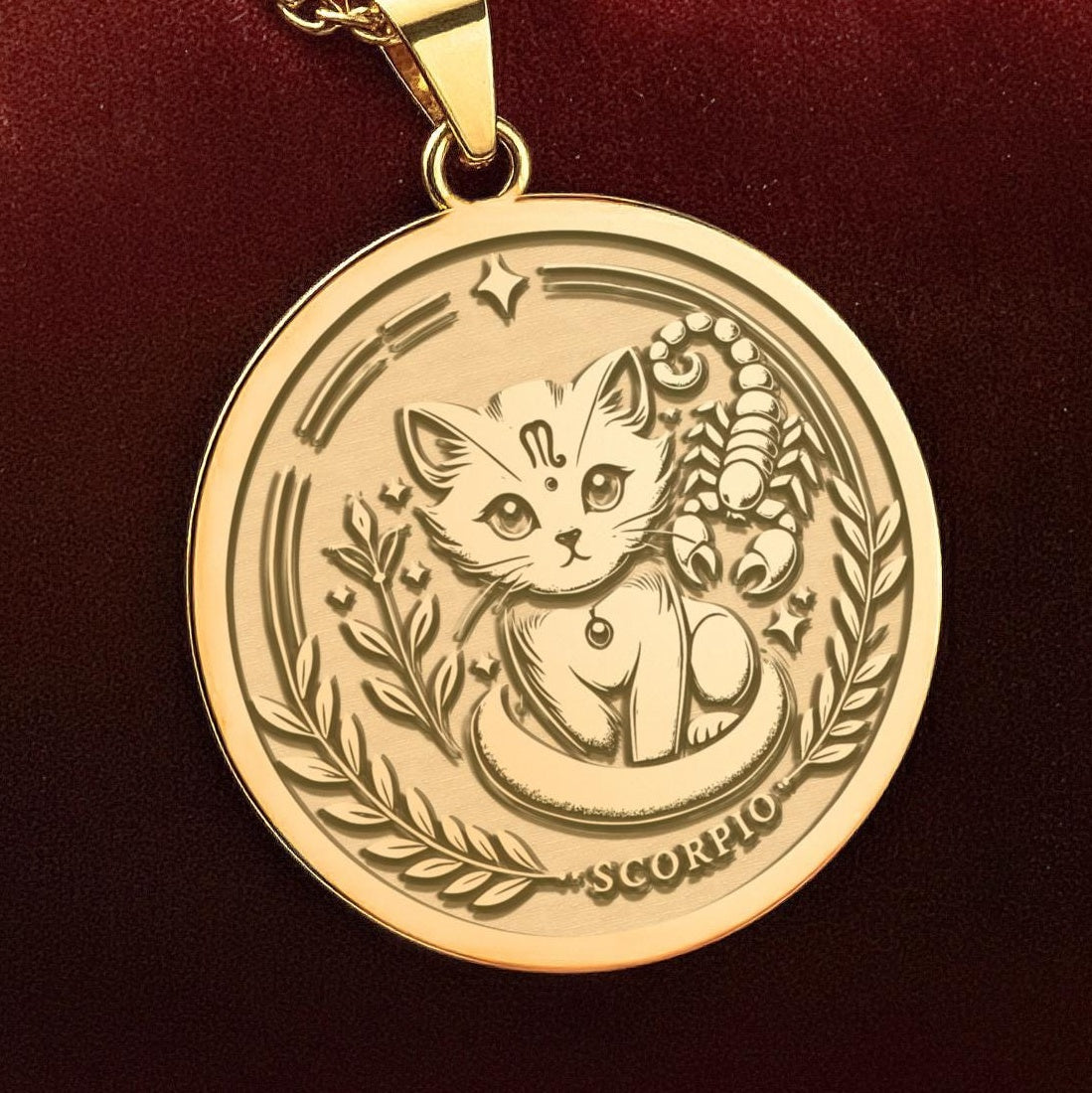 An heirloom-quality 14K solid gold Scorpio medallion. The art shows a unique celestial cat engraving, symbolizing the zodiac sign, a precious astrology gift for her.