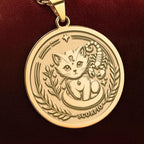 An heirloom-quality 14K solid gold Scorpio medallion. The art shows a unique celestial cat engraving, symbolizing the zodiac sign, a precious astrology gift for her.