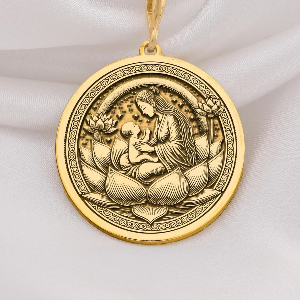 Lotus Mother Pendant Necklaces 14K 14K Gold Plated pendant necklace featuring a mother and child lotus design