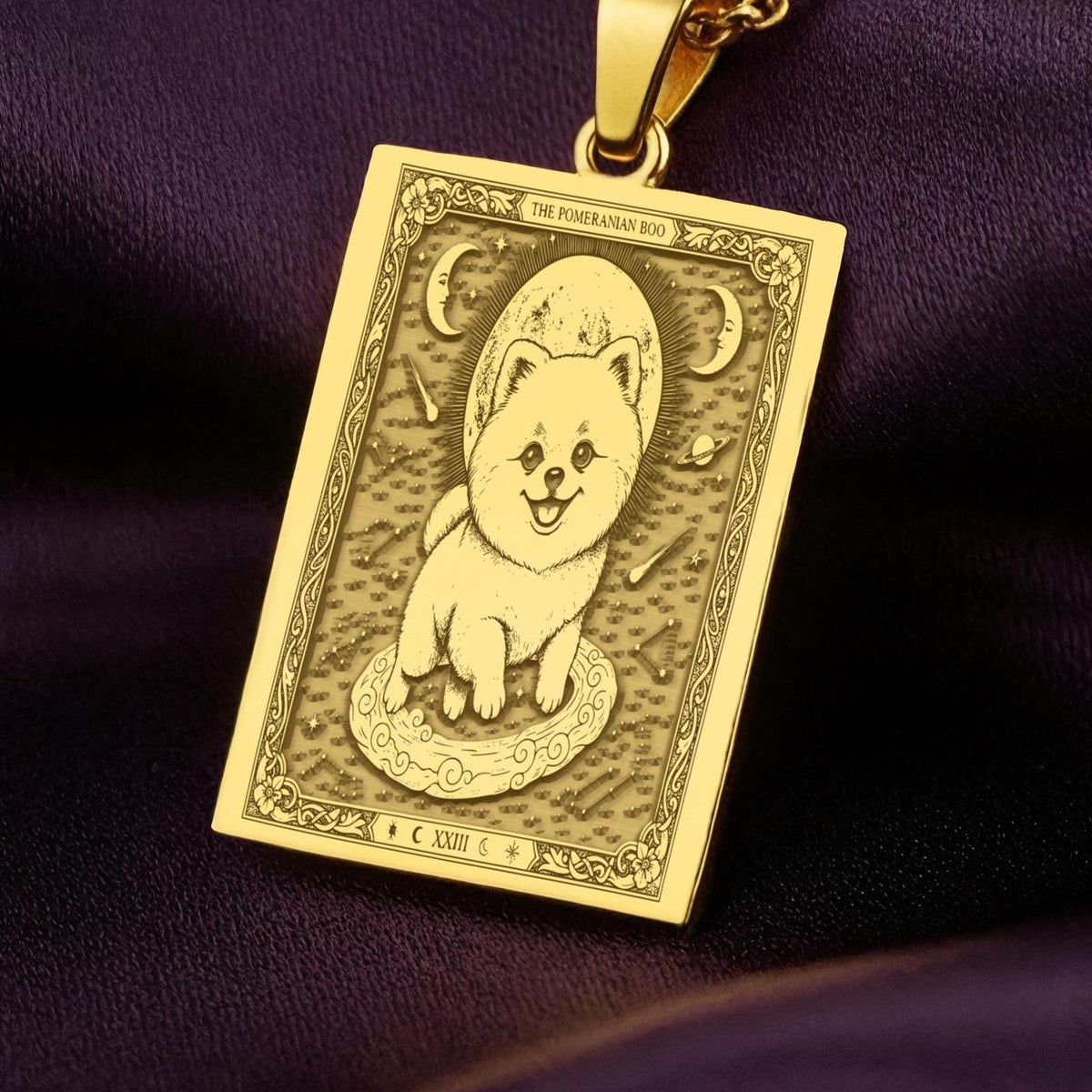 A polished 14K solid gold Pomeranian Boo medallion. This fine pet jewelry represents the breed's adorable charm, making it a perfect Pom lover gift.