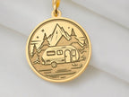 14K Solid Gold Camping Charm Necklace, Nature Silver Pendant, Rose Gold Fire Necklace, Camping Jewelry, Caravan Medallion, Relaxing Charm