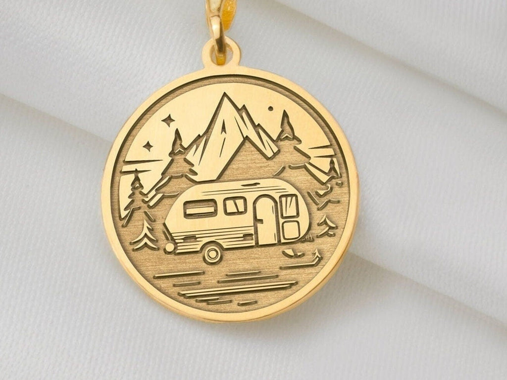 14K Solid Gold Camping Charm Necklace, Nature Silver Pendant, Rose Gold Fire Necklace, Camping Jewelry, Caravan Medallion, Relaxing Charm