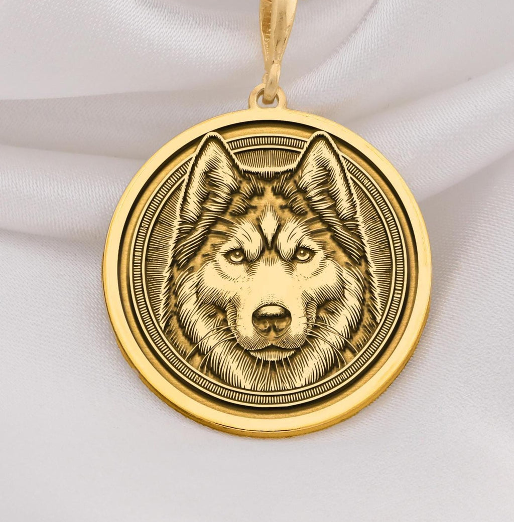 Husky Wolf Spirit Animal Medallion Necklaces 14K 14K Gold Plated pendant necklace featuring a round husky face portrait design.