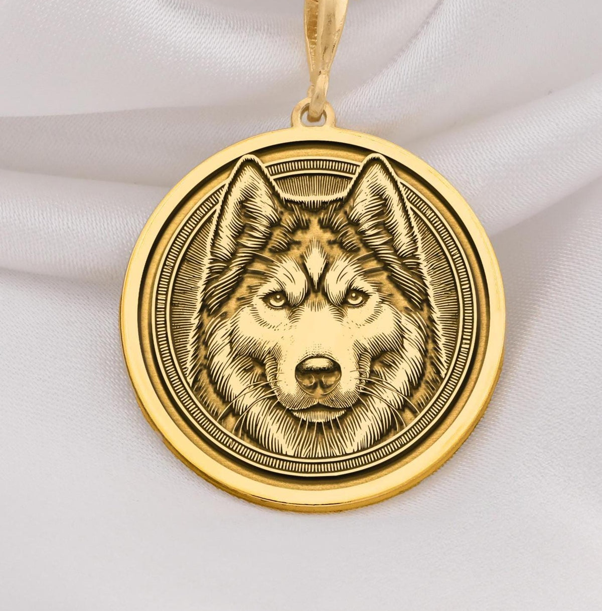 Husky Wolf Spirit Animal Medallion Necklaces 14K 14K Gold Plated pendant necklace featuring a round husky face portrait design.