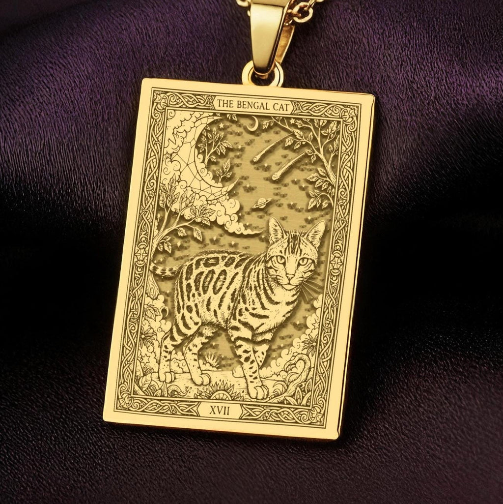 An heirloom-quality 14K solid gold Bengal Cat tarot pendant. The art shows the prowling cat, symbolizing wild beauty, a precious cat mom gift.